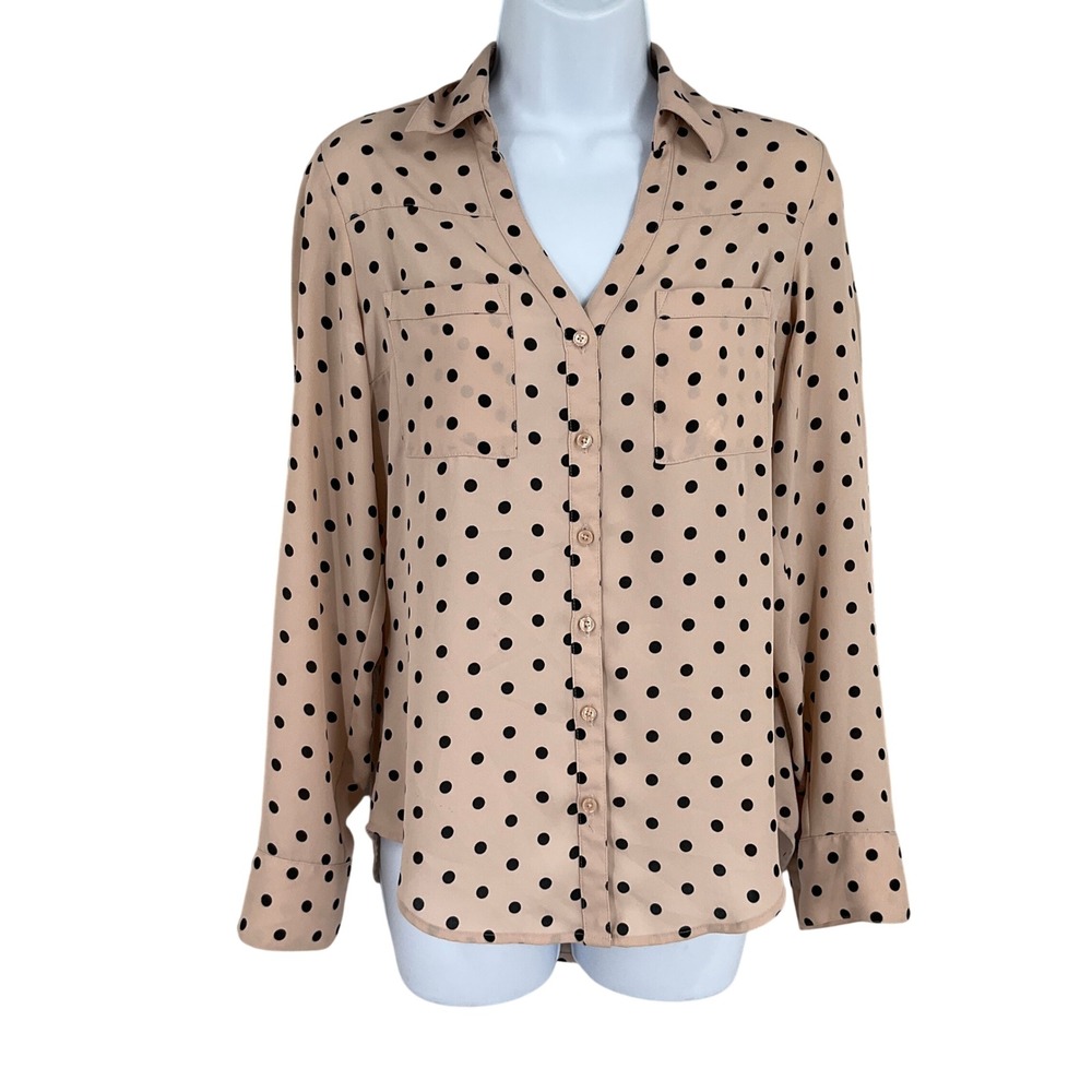 Express Portofino Shirt Sz XS Tan Black Polka Dot Button Up Blouse Career Airy
